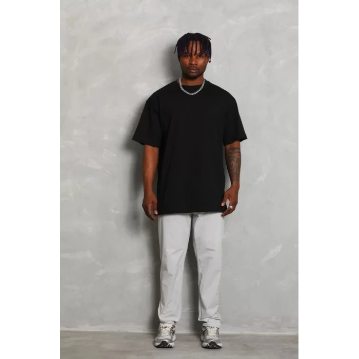 Unisex Oversize Düz Bisiklet Yaka T-Shirt - Siyah
