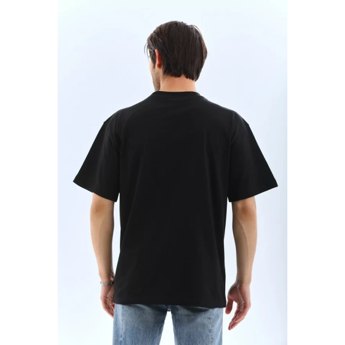Unisex Oversize Düz Bisiklet Yaka T-Shirt - Siyah