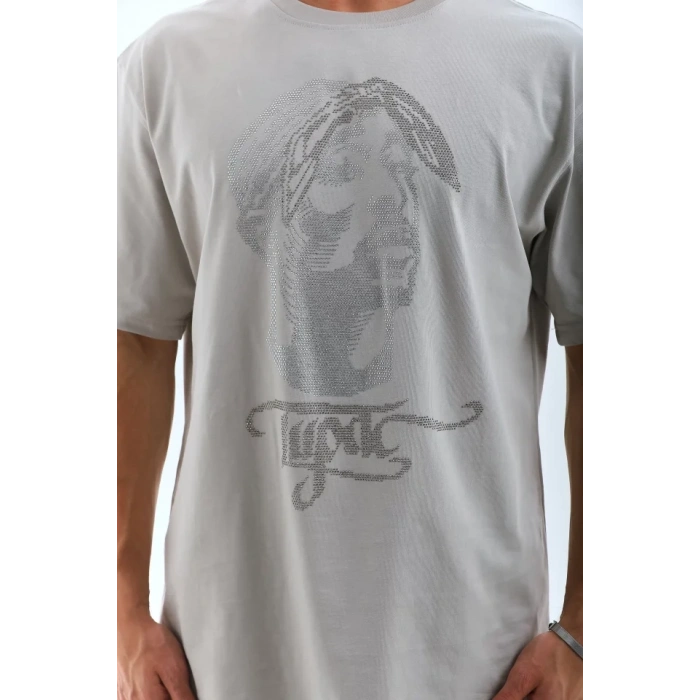 Unisex Oversize Taşlı Bisiklet Yaka T-Shirt - Gri