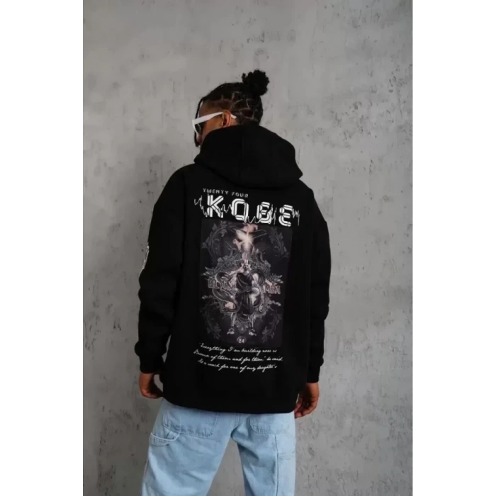 Unisex Sırt Baskılı Kapüşonlu Üç İplik Oversize Sweatshirt - Siyah