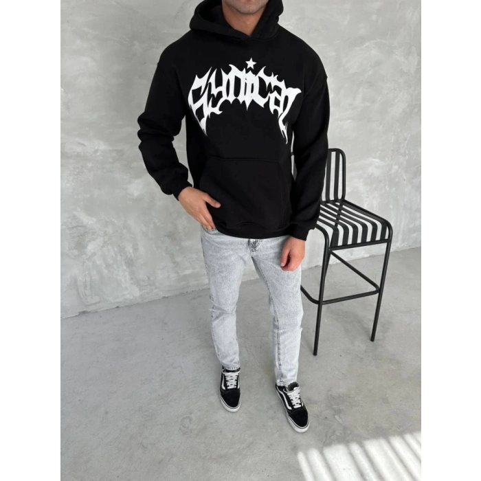 Unisex Üç İplik Kapşonlu Baskılı SweatShirt - Siyah