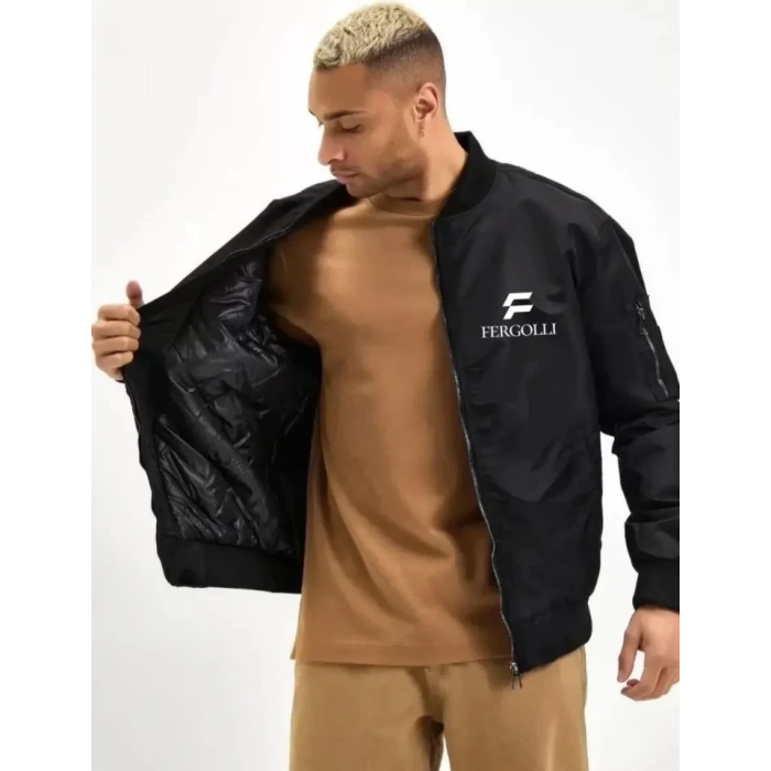 Unisex Uzun Kol Baskılı Bomber Ceket - Siyah