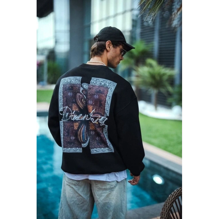 Uzun Kol Bisiklet Yaka Ön Ve Arka Baskılı SweatShirt - Siyah