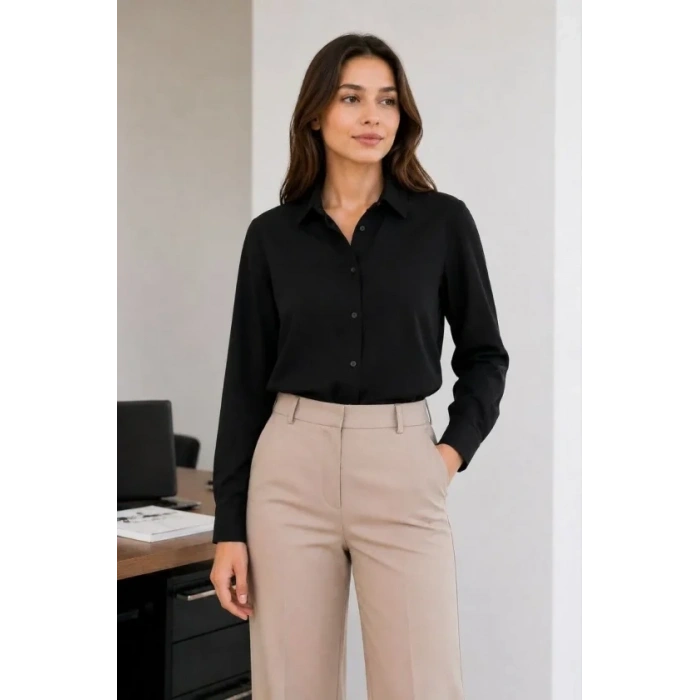 Uzun Kol Gömlek Düğmeli Klasik Yaka Günlük Ve Ofis Şıklığına Uygun - Siyah