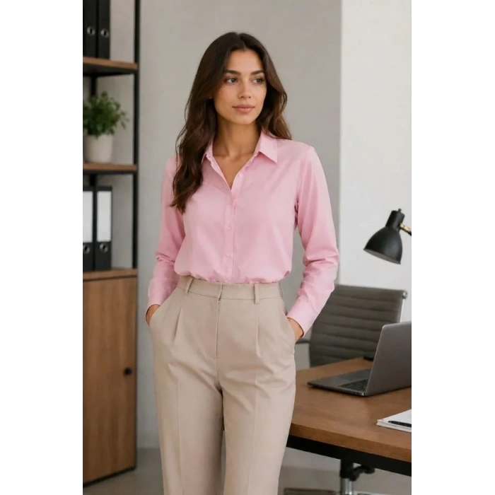 Uzun Kol Gömlek Düğmeli Klasik Yaka Günlük Ve Ofis Şıklığına Uygun - Toz Pembe
