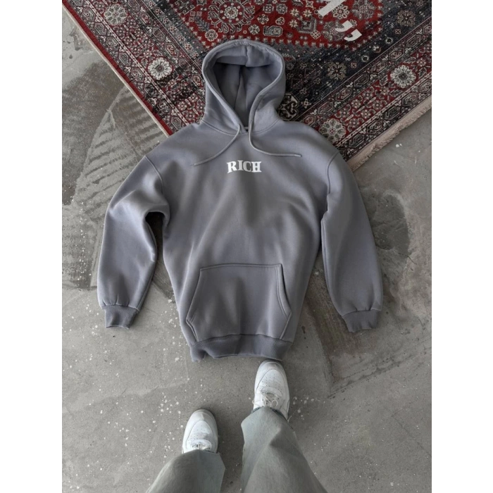 Uzun Kol Kapşonlu Göğüs Baskılı SweatShirt - Gri
