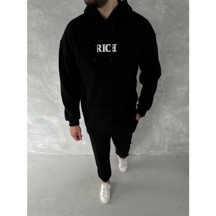 Uzun Kol Kapşonlu Göğüs Baskılı SweatShirt - Siyah