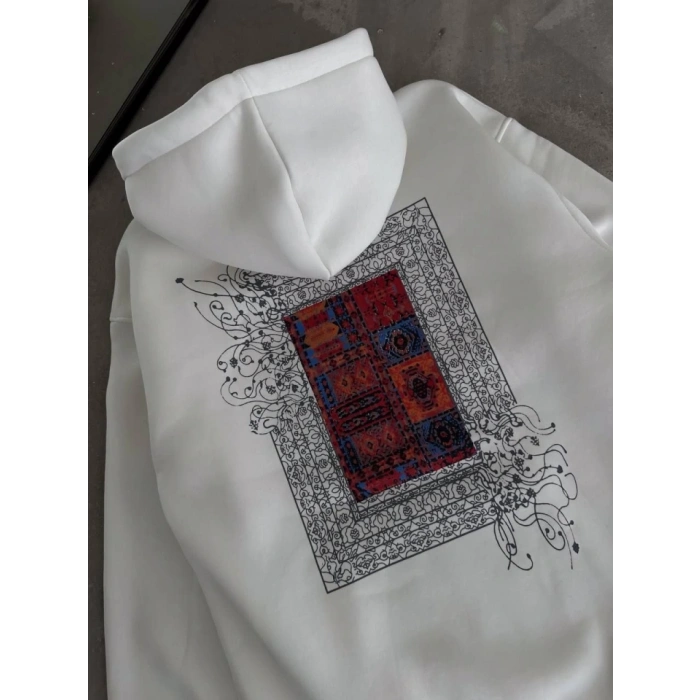 Uzun Kol Kapşonlu Ön Ve Arka Baskılı SweatShirt - Beyaz