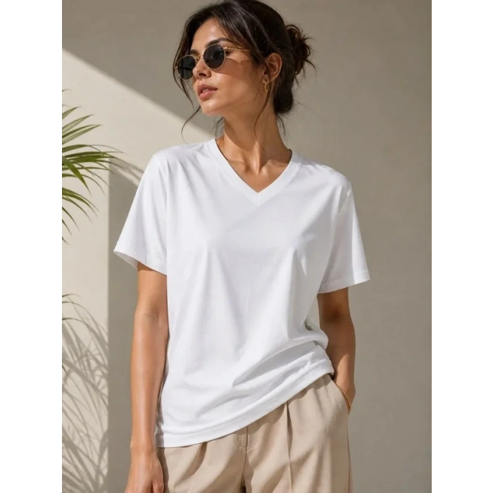 V Yaka Basic Tişört Kısa Kol Yazlık Regular Fit T-Shirt - Beyaz