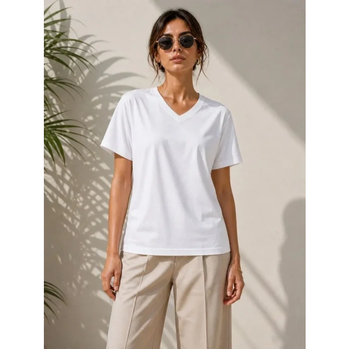 V Yaka Basic Tişört Kısa Kol Yazlık Regular Fit T-Shirt - Beyaz