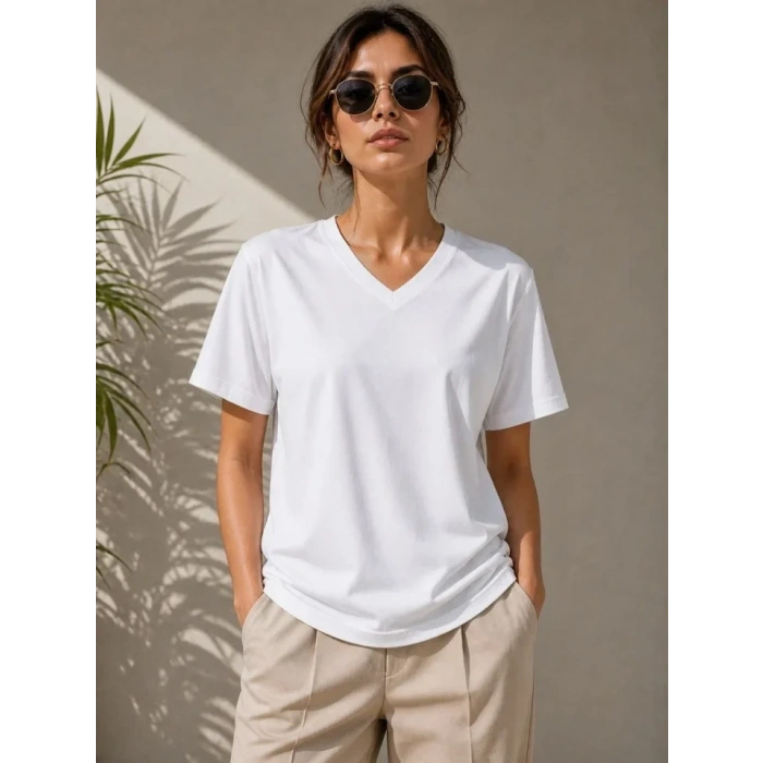V Yaka Basic Tişört Kısa Kol Yazlık Regular Fit T-Shirt - Beyaz
