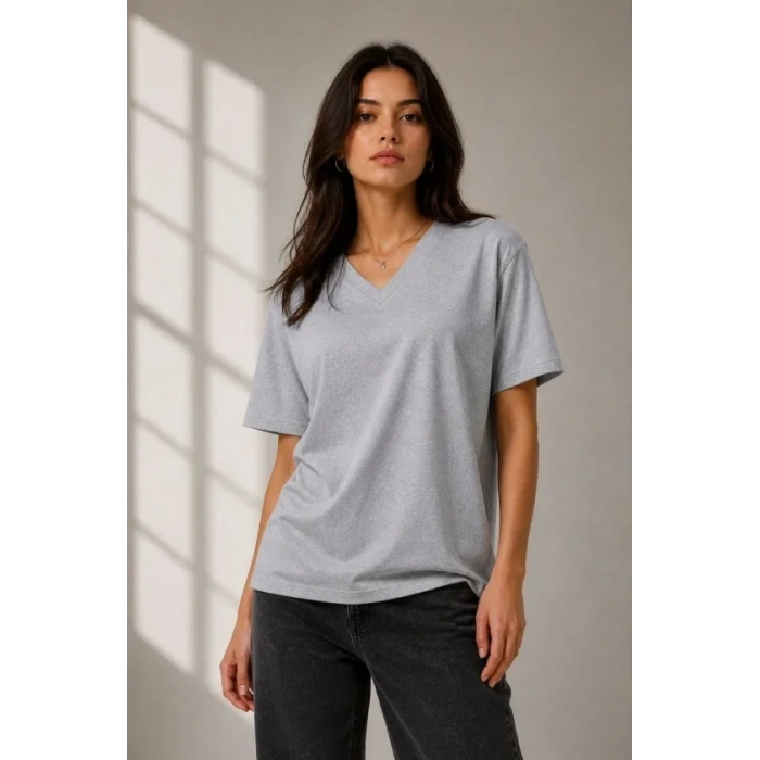 V Yaka Basic Tişört Kısa Kol Yazlık Regular Fit T-Shirt - Gri