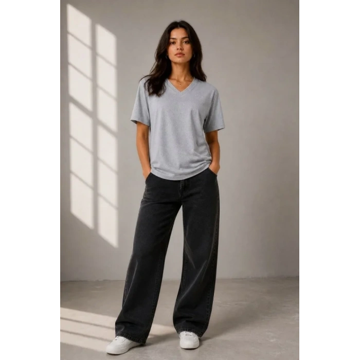 V Yaka Basic Tişört Kısa Kol Yazlık Regular Fit T-Shirt - Gri
