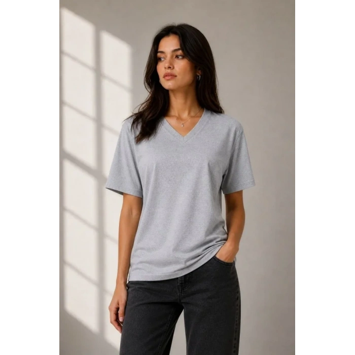 V Yaka Basic Tişört Kısa Kol Yazlık Regular Fit T-Shirt - Gri