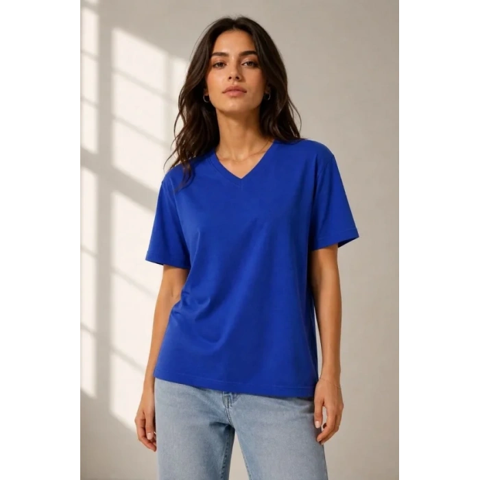 V Yaka Basic Tişört Kısa Kol Yazlık Regular Fit T-Shirt - Saks Mavisi