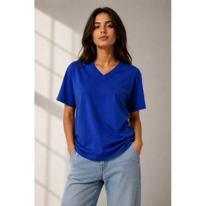V Yaka Basic Tişört Kısa Kol Yazlık Regular Fit T-Shirt - Saks Mavisi
