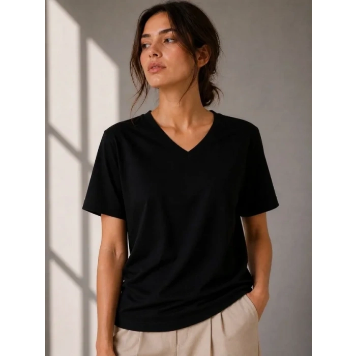 V Yaka Basic Tişört Kısa Kol Yazlık Regular Fit T-Shirt - Siyah