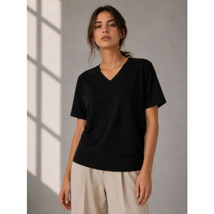 V Yaka Basic Tişört Kısa Kol Yazlık Regular Fit T-Shirt - Siyah