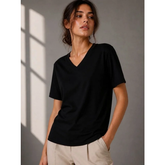 V Yaka Basic Tişört Kısa Kol Yazlık Regular Fit T-Shirt - Siyah