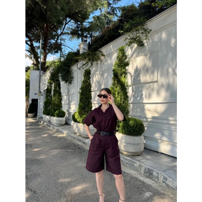 Yakalı Gömlek Kemerli Şortlu Takım - Bordo