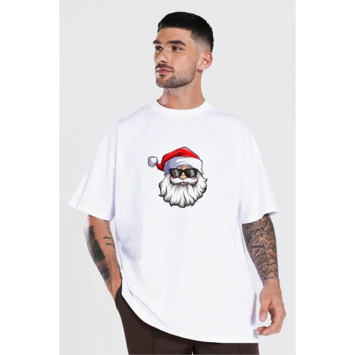 Yılbaşı Gözlüklü Noel Baba Baskılı Kısa Kollu Oversize Bisiklet Yaka T-shirt - Beyaz