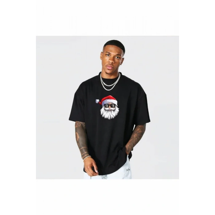 Yılbaşı Gözlüklü Noel Baba Baskılı Kısa Kollu Oversize Bisiklet Yaka T-shirt - Siyah