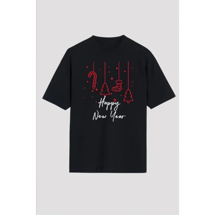 Yılbaşı Happy New Year Baskılı Kısa Kollu Oversize Bisiklet Yaka T-shirt - Siyah