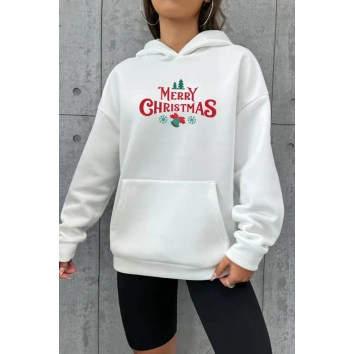 Yılbaşı Merry Christmas Baskılı Oversize Kapüşonlu Sweatshirt Hoodie - Beyaz