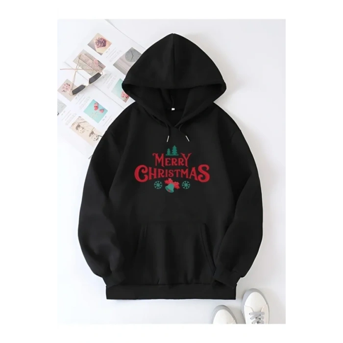 Yılbaşı Merry Christmas Baskılı Oversize Kapüşonlu Sweatshirt Hoodie - Siyah