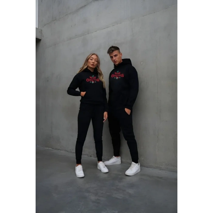 Yılbaşı Merry Christmas Baskılı Oversize Kapüşonlu Sweatshirt Hoodie - Siyah