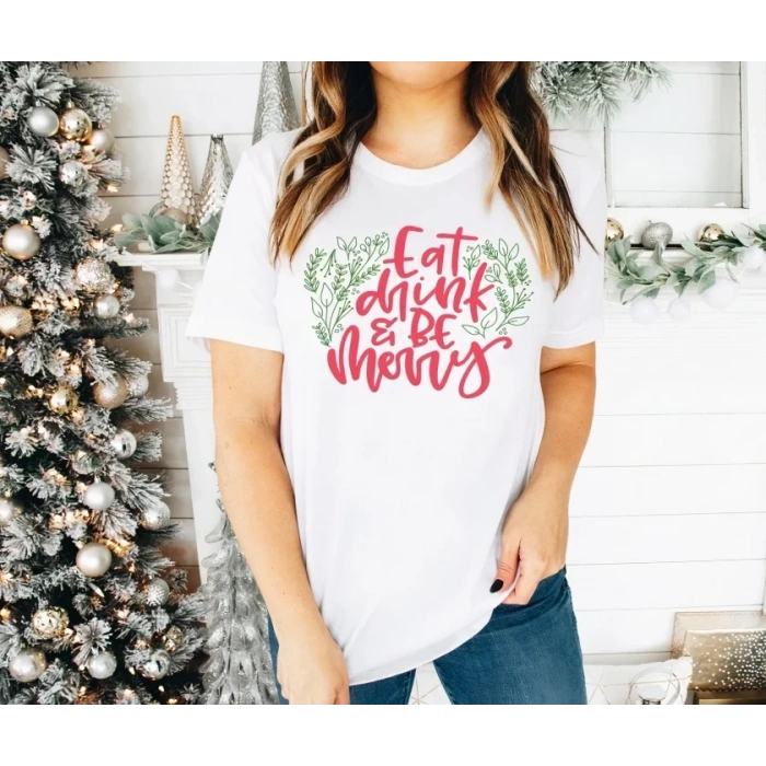 Yılbaşı Noel Baskılı Kısa Kollu Oversize Bisiklet Yaka T-shirt - Beyaz