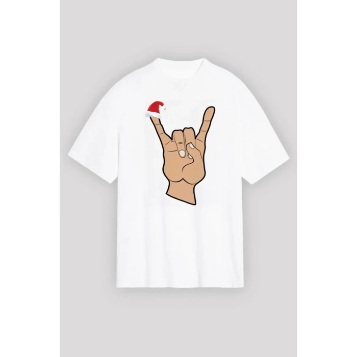 Yılbaşı Noel Başlıklı Serçe Parmak Baskılı Oversize Bisiklet Yaka T-shirt - Beyaz