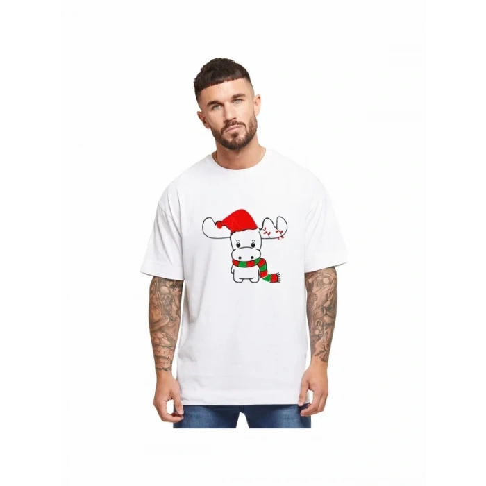 Yılbaşı Noel Ren Geyiği Baskılı Kısa Kollu Oversize Bisiklet Yaka T-shirt - Beyaz