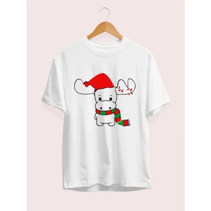 Yılbaşı Noel Ren Geyiği Baskılı Kısa Kollu Oversize Bisiklet Yaka T-shirt - Beyaz
