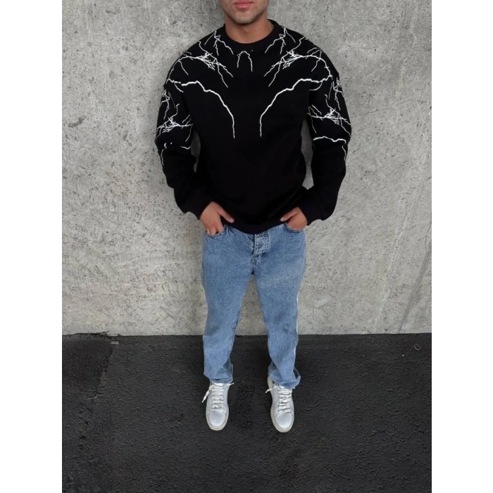 Yıldırım Baskılı Bisiklet Yaka SweatShirt - Siyah