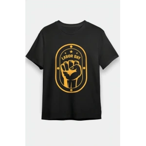 1 Mayıs Labor Day Emekçi Temalı Baskılı Oversize Bisiklet Yaka T-shirt - Siyah
