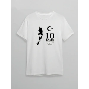 10 Kasım Atatürk Anma Günü Silüet Baskılı Oversize Bisiklet Yaka T-shirt - Beyaz