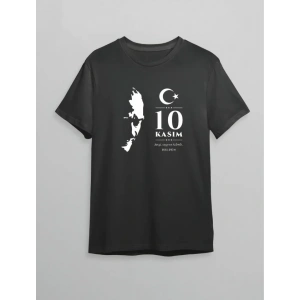 10 Kasım Atatürk Anma Günü Silüet Baskılı Oversize Bisiklet Yaka T-shirt - Siyah