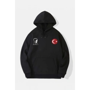 10 Kasıma Özel Üç İplik Kapşonlu Baskılı SweatShirt - Siyah
