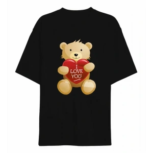 14 Şubat Sevgililer Günü I Love You Ayı Baskılı Oversize Bisiklet Yaka T-shirt - Siyah