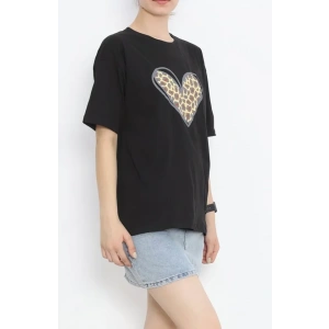 14 Şubat Sevgililer Günü Leopar Kalp Baskılı Oversize Bisiklet Yaka T-shirt - Siyah