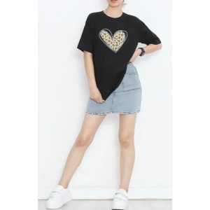 14 Şubat Sevgililer Günü Leopar Kalp Baskılı Oversize Bisiklet Yaka T-shirt - Siyah