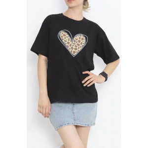 14 Şubat Sevgililer Günü Leopar Kalp Baskılı Oversize Bisiklet Yaka T-shirt - Siyah