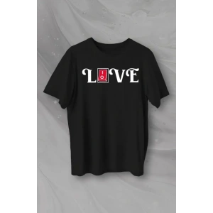14 Şubat Sevgililer Günü Love Baskılı Oversize Bisiklet Yaka T-shirt - Siyah