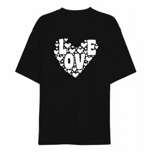 14 Şubat Sevgililer Günü Love Kalp Baskılı Oversize Bisiklet Yaka T-shirt - Siyah