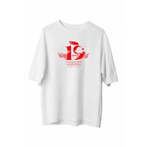 19 Mayıs Atatürk Temalı Gençlik Ve Spor Bayramı Bisiklet Yaka T-shirt - Beyaz