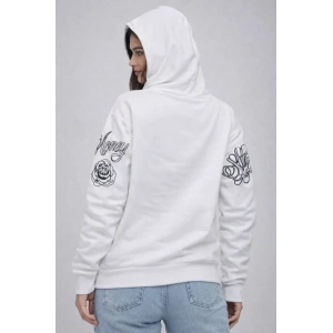 3 İplik Pamuklu Kapüşonlu Baskılı SweatShirt Hoodie - Beyaz