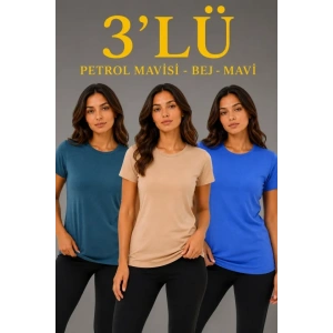 3’lü Kısa Kollu Bisiklet Yaka Basic Slim Fit T-Shirt -Petrol Mavisi  - Bej - Mavi