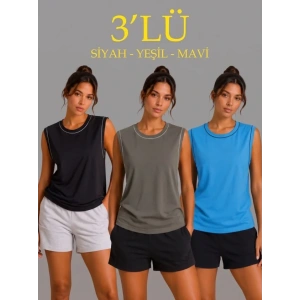 3’lü Kolsuz Sporcu Atlet Seti Yazlık Bisiklet Yaka - Siyah, Haki, Mavi