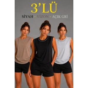 3’lü Kolsuz Sporcu Atlet Seti Yazlık Bisiklet Yaka - Siyah, Kahverengi, Gri